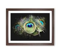 Peacock Feathers Paint Splash Modern Art Framed Print | A4 Walnut Framed Wall Art | Ready to Hang | Modern Animal Picture | Living Room Bedroom Lounge Office