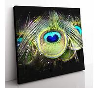 Peacock Feathers Paint Splash Modern Canvas Wall Art Print Ready to Hang, Framed Picture for Living Room Bedroom Home Office Décor, 35x35 cm (14x14 Inch)
