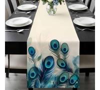 Peacock Feathers Table Runner 18x72 Inches Long Retro Green Abstract Art Cotton Linen Table Runner Burlap Style for Dinner Table Party Decor Tabletop Decorations
