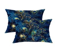 Peacock Feathers Throw Pillow Covers Set of 2, Navy Blue Decorative Cushions Case, Chic Home Decor for Couch Sofa Bed, Perfect for Fall and Winter 20x12 Inch