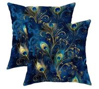 Peacock Feathers Throw Pillow Covers Set of 2, Navy Blue Decorative Cushions Case, Chic Home Decor for Couch Sofa Bed, Perfect for Fall and Winter 12x12 Inch