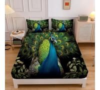 Peacock Fitted Sheet 180×200 Cm, Hotel Quality Elegant Animals Ultra Soft & Breathable Brushed Microfiber Deep Pocket 30 Cm, Cooling Fitted Sheet For Super King Bed (Green)