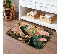 Peacock Floral Quick Dry Bath Mat, Vintage Green Blue Bird and Peach Rose Absorbent Non Slip Shower Mat, Memory Foam Washable Bath Rugs for Bathroom 20x32 Inch