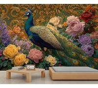 Peacock Floral Wallpaper, Peacock Among The Flowers Wall Murals for Bedroom, Colorful Animal Wallpaper Living Room Kids Room Living Room Mural Poster 450 X 300 cm