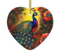 Peacock Flowers Ceramic Christmas Heart Pendant, The Pottery Piece is Available with Silk Thread