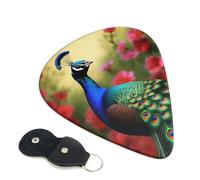 Peacock flowers Guitar Picks 6 Pack with Leather Guitar Pick Holder Keychain, Plectrum Key Fob Cases Bag, Abstract Art Plectrum for Acoustic Electric Guitar, Ukulele 0.46mm