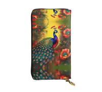 Peacock flowers Long leather wallet, portable credit card holder, zippered coin purse, and ID compartment