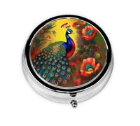 Peacock Flowers Round mini Pill Box, Lightweight and Portable, with 3 Plastic Inserts, Suitable for Carrying in Pockets or Wallets.
