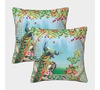 Peacock Garden Scene-Traditional Chinese Floral Art Pillow Covers 2 Pack Cozy Pillowcase Available All Seasons Cushion Cover Zippered Decor for Sofa Living Room Bed Home 45x45cm