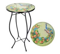 (Peacock) GEEZY Mosaic Iron/Glass Round Coffee Table Garden Patio Elegant Plant Stand