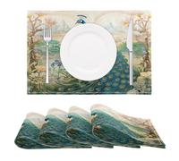 Peacock Green Feather Boho Placemats Set of 4 Table Mats Heat Resistant Non-Slip Place Mats for Kitchen Dining Table Decoration, 30 x 45cm