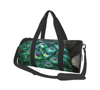 Peacock Green Feather Large Round Travel Duffle Bag, Full-Print Canvas Weekender with Padded Lining, Multiple Pockets,Detachable Shoulder Strap and Soft Leather Handles