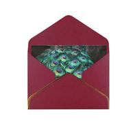 Peacock Green Feather Print Horizontal Gold-Edged Pearl Greeting Card W/Envelope-Holiday,Birthday,Anniversary,Party(2pcs)