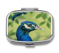 Peacock Head Pill Box 2 Compartment Square Metal Pill Organizer Portable Mini Travel Medicine Case with Mirror Cute Medicine Container Holder for Pocket Purse