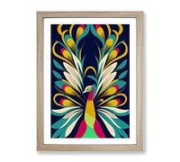 Peacock In Abstract Framed Wall Art Print A2 Oak