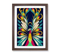 Peacock In Abstract Framed Wall Art Print A2 Walnut