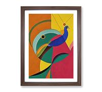 Peacock In Abstract Framed Wall Art Print A2 Walnut