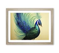Peacock In Watercolour Framed Wall Art Print A2 Oak