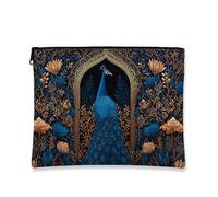 Peacock Makeup Bag Travel Cosmetic Bag Blue and Gold Exotic Floral Design for Women Portable Large Canvas Zipper Organizer Toiletry Bag Gift for