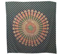 Peacock Mandala Bedspread Cotton Bed Cover Indian Wall Hanging - Green - Double Size - 100% Cotton
