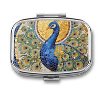 Peacock Mosaic Art Pill Box 2 Compartment Square Metal Pill Organizer Portable Mini Travel Medicine Case with Mirror Cute Medicine Container Holder for Pocket Purse