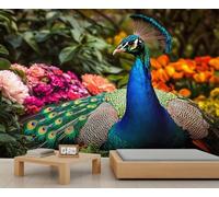Peacock Mural Peacock Wallpaper Flowers Wall Mural Giant 3D Wallpaper Commercial Scale Coffee Shop Lounge Gallery (Non-self-Adhesive)