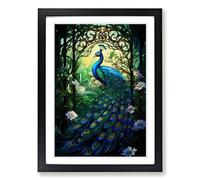 Peacock Nouveau Framed Print | A2 Black Framed Wall Art | Ready to Hang | Modern Animal Picture | Living Room Bedroom Lounge Office