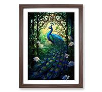 Peacock Nouveau Framed Print | A2 Walnut Framed Wall Art | Ready to Hang | Modern Animal Picture | Living Room Bedroom Lounge Office