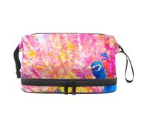 Peacock Oil Painting Double Layer Cosmetic Bag for Women and Girls, Travel Toiletry Bag Makeup Handy Pouch Organiser Bag with Brush Compartment