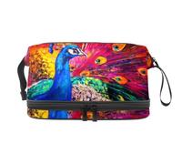 Peacock Oil Painting Double Layer Cosmetic Bag for Women and Girls, Travel Toiletry Bag Makeup Handy Pouch Organiser Bag with Brush Compartment