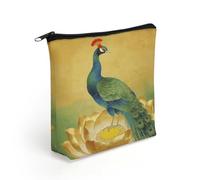 Peacock on Golden Lotus Makeup Bag with Sturdy Zipper，Linen Material Storage Bag,Large Capacity And Multi-Purpose Cosmetic Bag for Daily Life, Travel, Outings, Business Trips And Other Occasions
