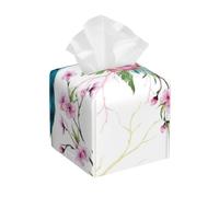 Peacock On Tree Cherry Flowering Trees Protea Flower Branches Pink Square Leather Tissue Box Cover - Premium Decorative Organizer for Bathroom Vanity, Nightstand & Countertop
