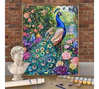 Peacock Paint by Numbers for Adults, Roses Painting by Numbers 18x24inch Canvas Paintwork with Brushes and Acrylic Pigment, Home Wall Decor, DIY Creative Arts and Crafts Gifts (Unframed) W-O311