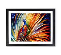 Peacock Painting Abstract Framed Wall Art Print A2 Black