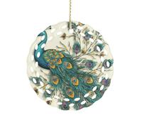 Peacock Pattern Ceramic Christmas Ornaments 3 Inch Round Double-Sided Xmas Tree Decorations Pendant with Gold Ribbon for Home Holiday Decor, Gift for Family & Friends