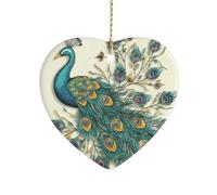 Peacock Pattern Ceramic Christmas Star Ornament 3 Inch Porcelain Heart Shaped Hanging Pendant for Xmas Tree Holiday Festival Ornaments for Home Party Decoration Gift