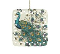 Peacock Pattern Christmas Ornaments Xmas Ceramic Hanging Square Pendant Double-Sided Printing Xmas Tree Ornament for Holiday Keepsake Gifts 3 Inch