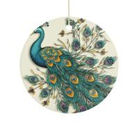 Peacock Pattern Double-Sided Ceramic Christmas Ornaments - Round Hanging Mini Xmas Tree Decorations, Ideas for Farmers, Rustic Home Decor for Indoor Outdoor Tree Decor