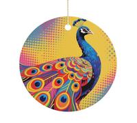Peacock Pattern Double-Sided Ceramic Christmas Ornaments - Round Hanging Mini Xmas Tree Decorations, Ideas for Farmers, Rustic Home Decor for Indoor Outdoor Tree Decor
