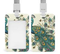 Peacock Pattern ID Badge Holder Durable ABS Plastic Card Case Protector with Lanyard, Push-Pull Slot, Stylish Lanyard ID Card Holders for Office Corporate Use