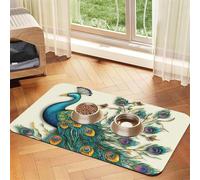 Peacock Pattern Pet Feeding Mat 40x60cm, Absorbent Dog Mat for Food and Water Bowl, PU Leather Cat Food Mat Waterproof Dog Bowl Mats Quick Dry Pet Placemats-No Stains