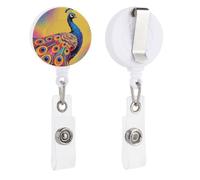 Peacock Pattern Retractable Badge Reel - Personalized ID Name Badge Holder with Lanyard Cute Badges Reel Holder Round Nurse Doctor Name Tag Badges Clip for Work