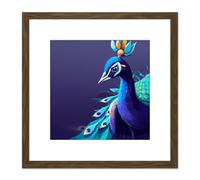 Peacock Peafowl Navy Blue Bird Nature Modern Contemporary Watercolour Painting Square Wooden Framed Wall Art Print Picture 8X8 Inch Artery8 Brown One Size