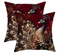 Peacock Pillow Covers Set of 2, Rich Burgundy Colorful Feathers Throw Pillows Case, Autumn Decorative Square Vintage Decor Cushion Covers for Home Sofa Bed Couch 18x18 Inch
