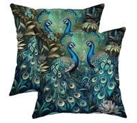 Peacock Pillow Covers Set of 2, Teal Tropical Bird Throw Cushions, Elegant Decorative Home Decor for Sofa Couch Bed, Summer Jungle Style 16x16 Inch