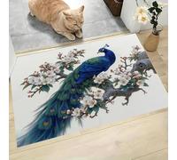 Peacock Plum Blossom Door Mats Indoor, Machine Washable Soft Dirt Trapper Non-slip Doormats, Elegant Animals Floor Mats For Inside, Front Back Door, Pets and Dogs (90 x 150 cm,blue-green)