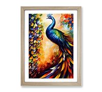 Peacock Portrait Framed Wall Art Print A2 Oak