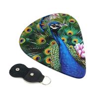 Peacock Printed Guitar Picks, 6 Pack with Leather Keychain Pick Holder - 0.46mm, 0.71mm, 0.96mm Assorted Thickness for Acoustic Ukulele, Electric Guitar, Acoustic Guitar, Bass