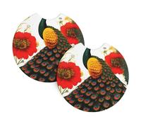 Peacock Red Flower Car Coasters, 2-Pack Universal Car Coasters, Waterproof And Non-Slip, #Interior Accessory Pad, 2.7 Inch.