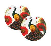 Peacock Red Flower Print Car Cup Holder Coasters - 2 Pack Anti Slip Drink Insert Pad with A Finger Notch,for Women Men